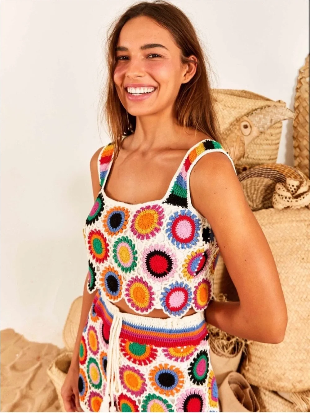 Farm Rio Crochet Matching Set Granny Square Crop Top Shorts Red Pink Size Medium
